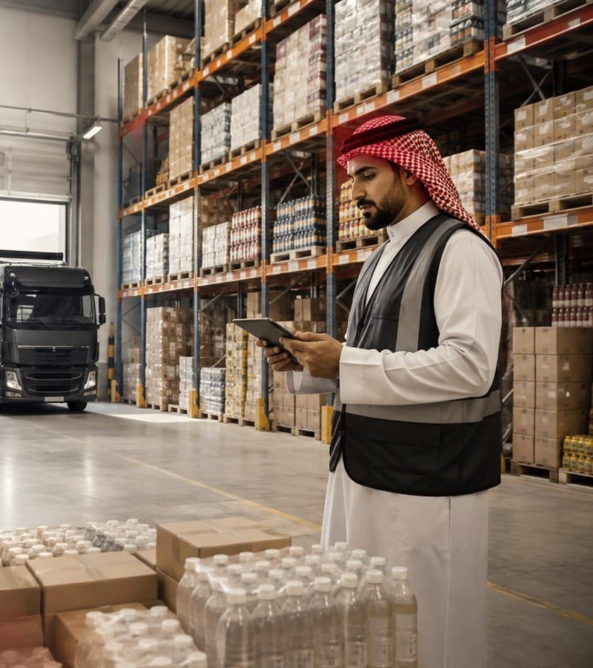 Incoming pallets checked against the order at a Saudi warehouse bay