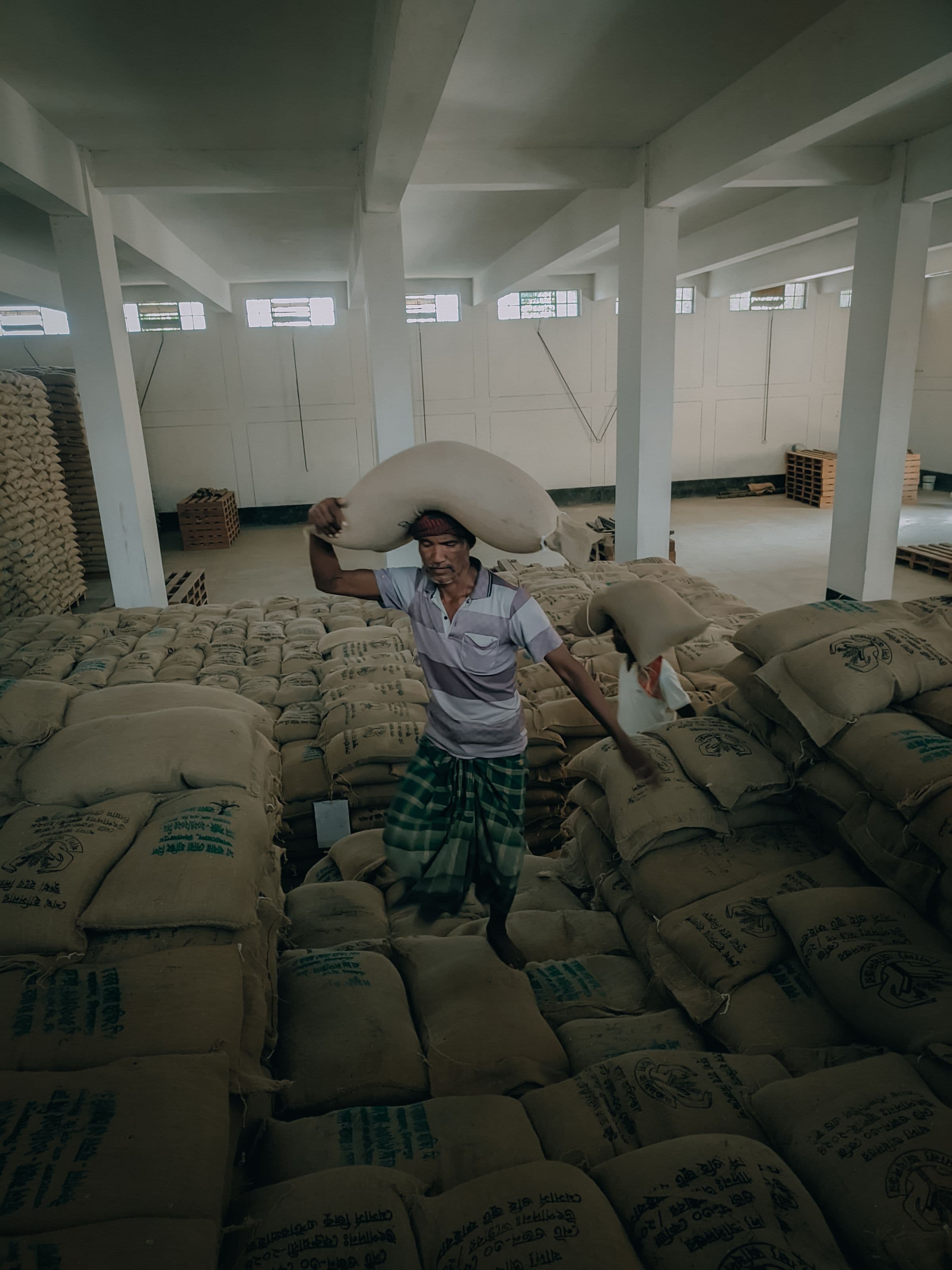 Grain sacks stacked to the roof in a warehouse