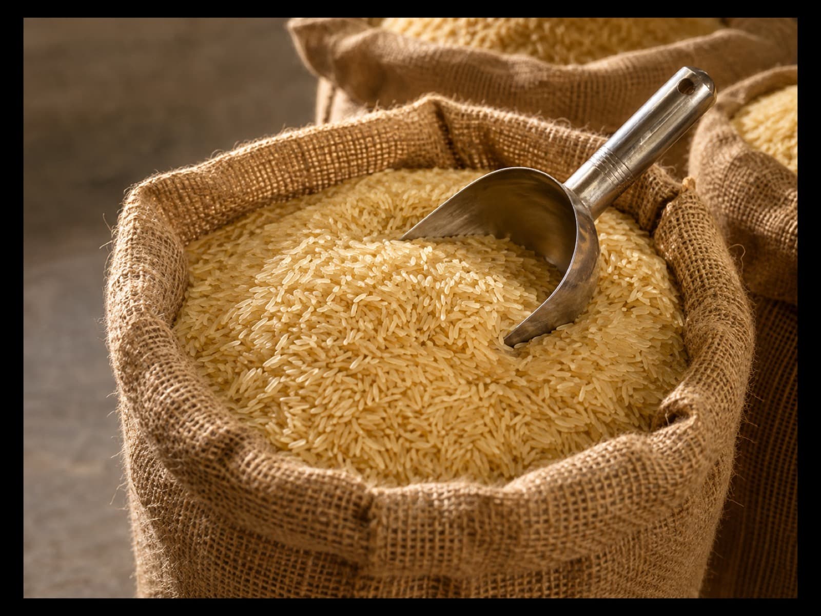 Milled rice in an open woven sack with a metal scoop
