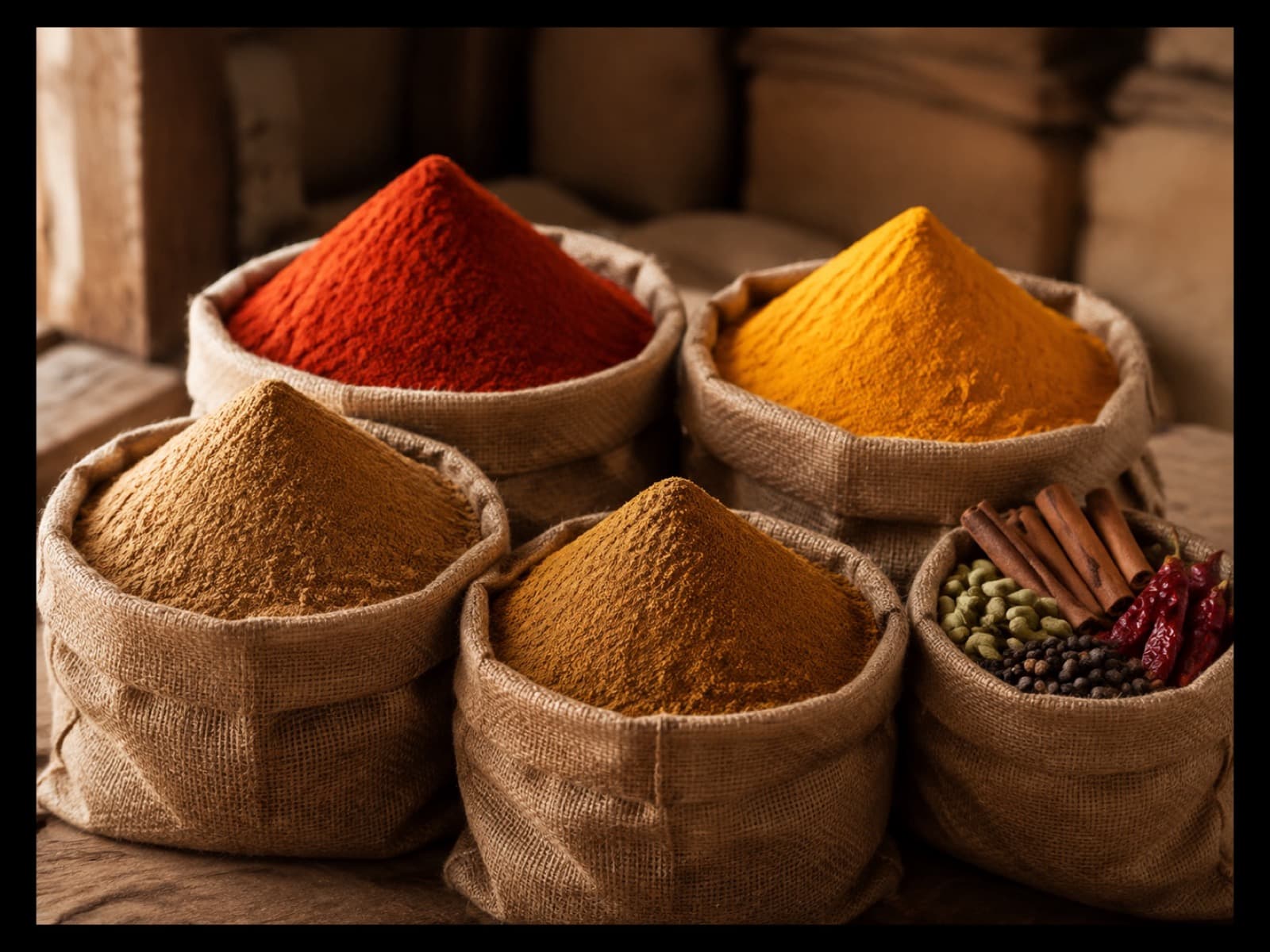 Ground spices in an open market display